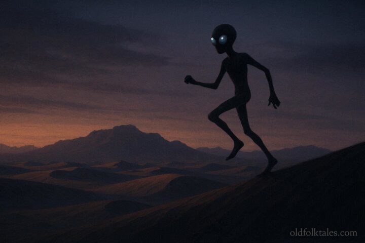 Desert twilight with a tall humanoid figure with glowing eyes on a ridge, representing the Luna County Skip-Eye legend.