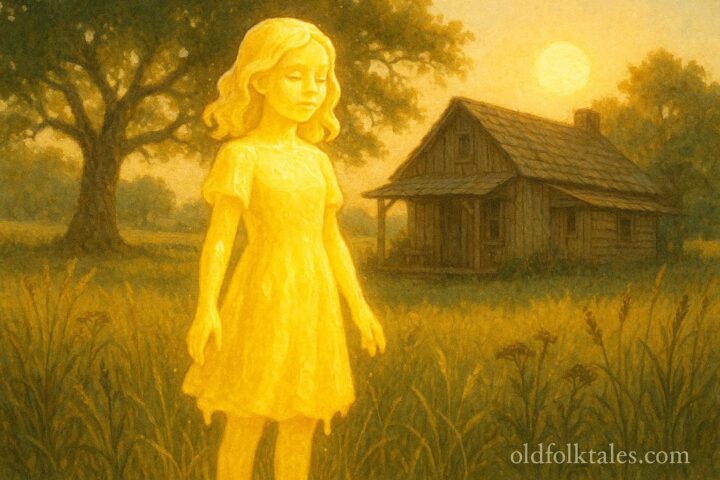A magical golden girl standing in a shaded Southern countryside near a rustic cottage.