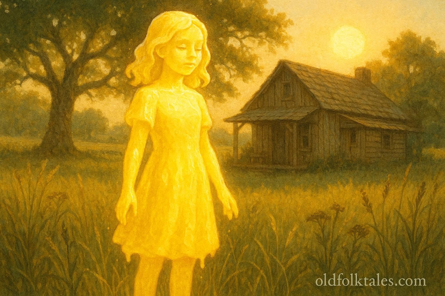 A magical golden girl standing in a shaded Southern countryside near a rustic cottage.