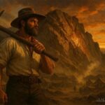 A determined Gold Rush miner stands before a shifted mountain ridge revealing a streak of gold at sunset.