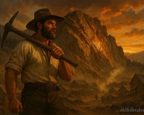 A determined Gold Rush miner stands before a shifted mountain ridge revealing a streak of gold at sunset.
