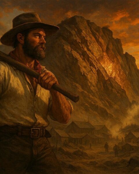 A determined Gold Rush miner stands before a shifted mountain ridge revealing a streak of gold at sunset.