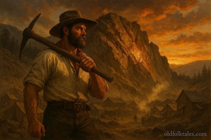 A determined Gold Rush miner stands before a shifted mountain ridge revealing a streak of gold at sunset.