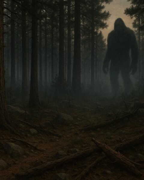 A large upright shadowy creature standing among pine trees along Arizona’s Mogollon Rim, with broken branches and deep forest shadows suggesting its presence.