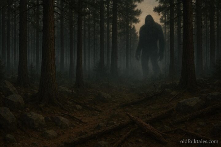 A large upright shadowy creature standing among pine trees along Arizona’s Mogollon Rim, with broken branches and deep forest shadows suggesting its presence.