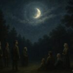 Partial moon glowing dimly in a Southeastern forest night sky, representing the Native American myth explaining lunar phases