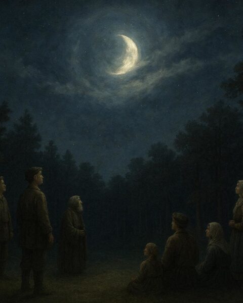 Partial moon glowing dimly in a Southeastern forest night sky, representing the Native American myth explaining lunar phases