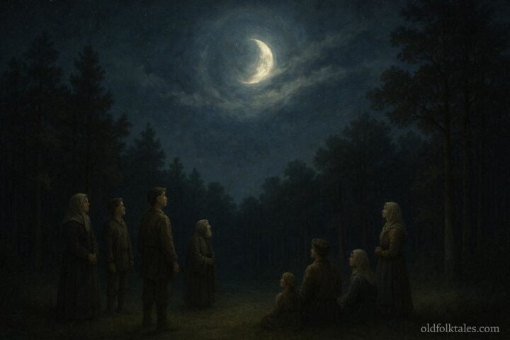 Partial moon glowing dimly in a Southeastern forest night sky, representing the Native American myth explaining lunar phases