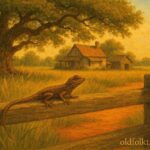 Small brown lizard nodding on a wooden fence in a warm Southern countryside setting.
