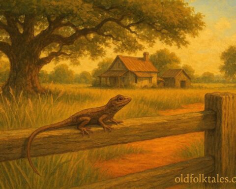 Small brown lizard nodding on a wooden fence in a warm Southern countryside setting.