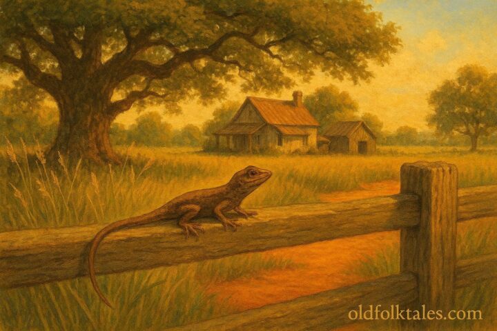 Small brown lizard nodding on a wooden fence in a warm Southern countryside setting.