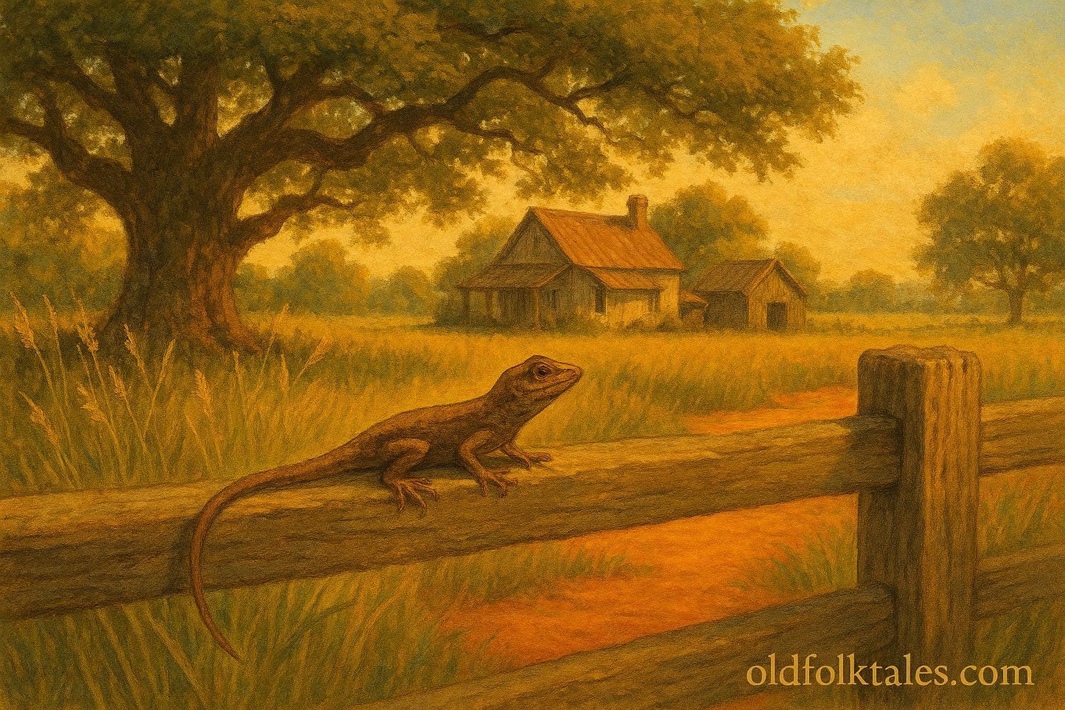 Small brown lizard nodding on a wooden fence in a warm Southern countryside setting.