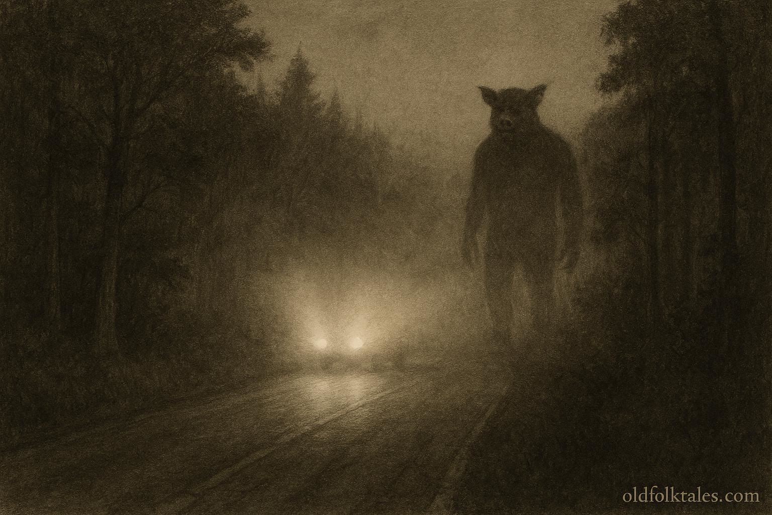 Shadowy pig-like humanoid figure standing near a foggy Vermont forest road at night