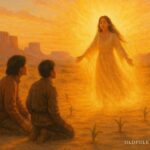 A glowing maiden stepping from the sun in a desert landscape teaching two young men about growing crops.