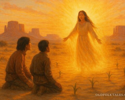 A glowing maiden stepping from the sun in a desert landscape teaching two young men about growing crops.