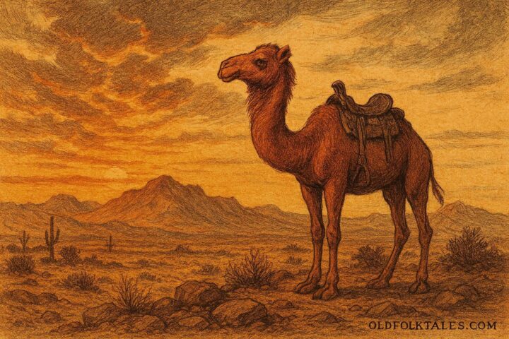 Red-haired camel standing alone in the Arizona desert at sunset