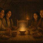 Indigenous seasonal feast with an empty place set to honor an ancestral spirit presence.