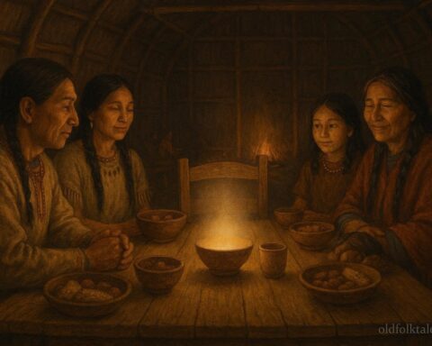 Indigenous seasonal feast with an empty place set to honor an ancestral spirit presence.