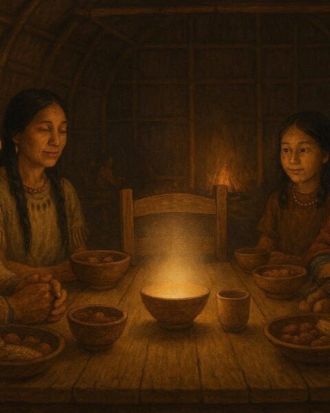 Indigenous seasonal feast with an empty place set to honor an ancestral spirit presence.