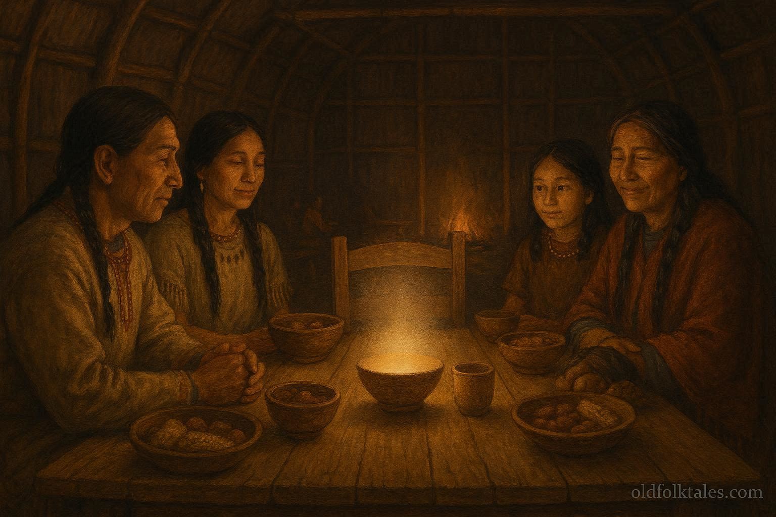 Indigenous seasonal feast with an empty place set to honor an ancestral spirit presence.