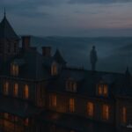 Victorian hotel rooftop at twilight with a faint man in old fashioned clothing standing near the edge, representing the Crescent Hotel rooftop ghost legend.