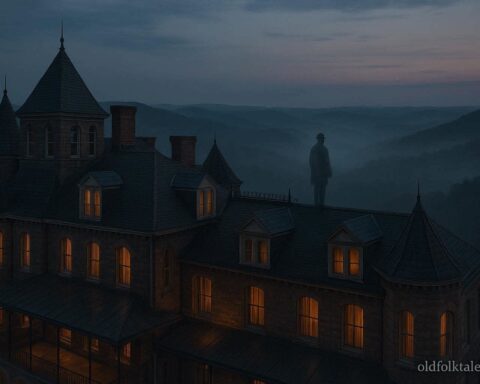 Victorian hotel rooftop at twilight with a faint man in old fashioned clothing standing near the edge, representing the Crescent Hotel rooftop ghost legend.
