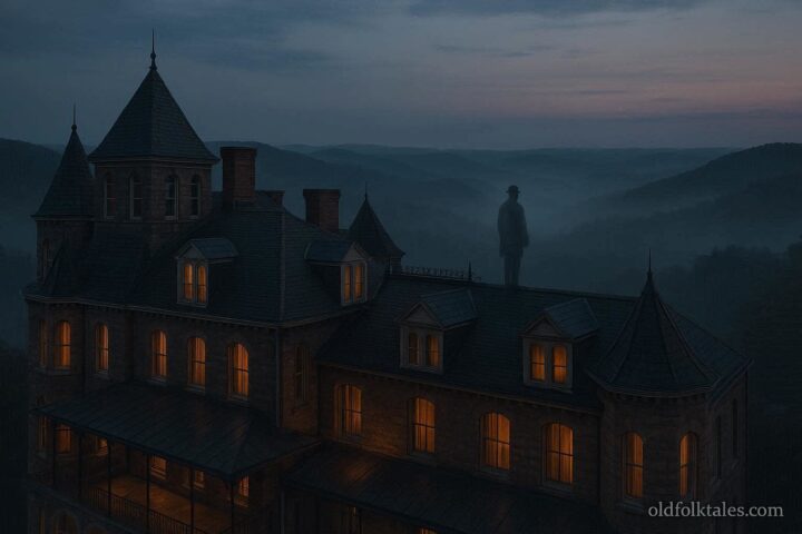 Victorian hotel rooftop at twilight with a faint man in old fashioned clothing standing near the edge, representing the Crescent Hotel rooftop ghost legend.
