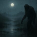 A tall hairy humanoid figure standing among reeds in a foggy marsh at night in the Delaware Maryland wetlands.