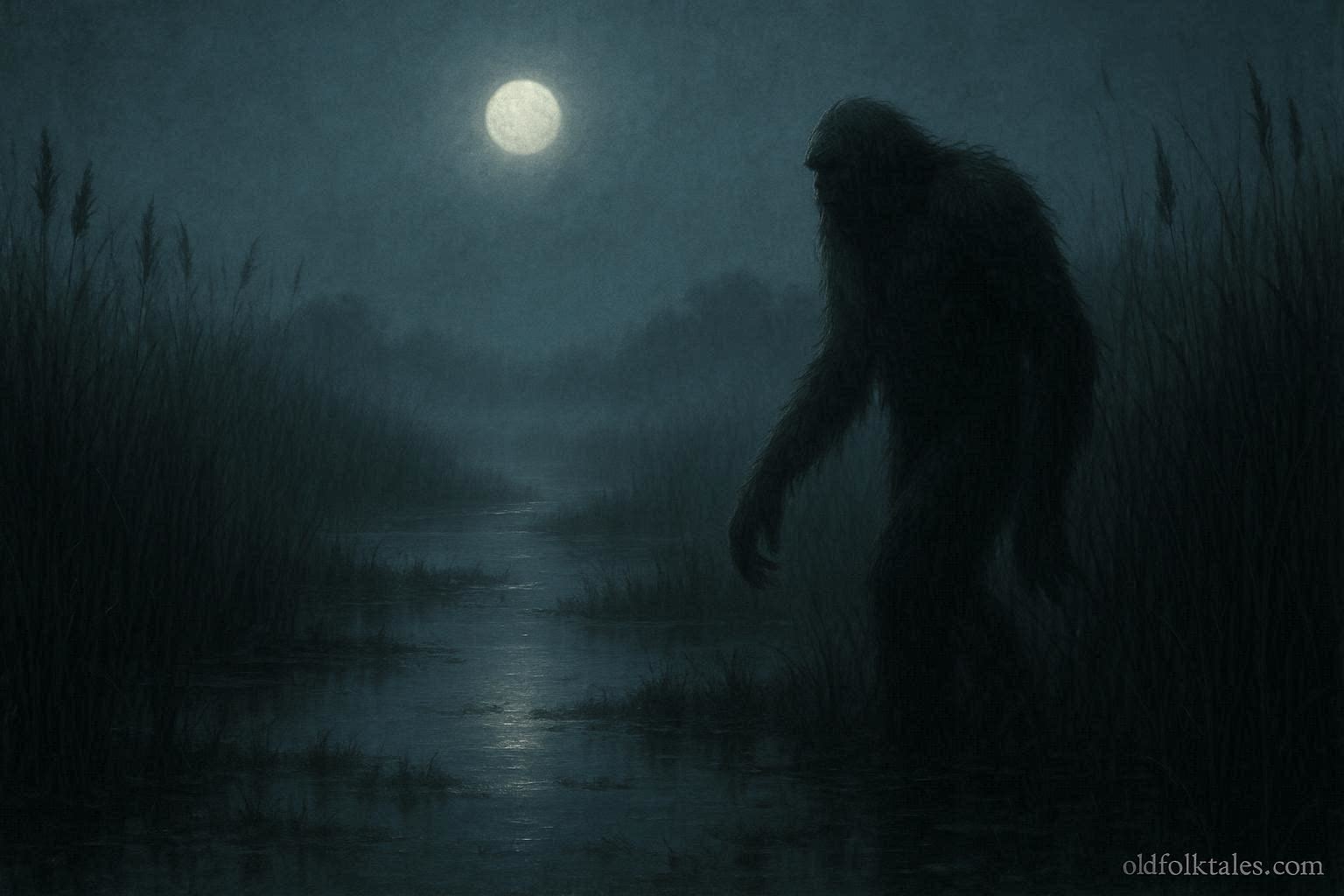 A tall hairy humanoid figure standing among reeds in a foggy marsh at night in the Delaware Maryland wetlands.