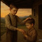 A young boy believed to be a seventh son gently prays over a child on a farmhouse porch in rural America.