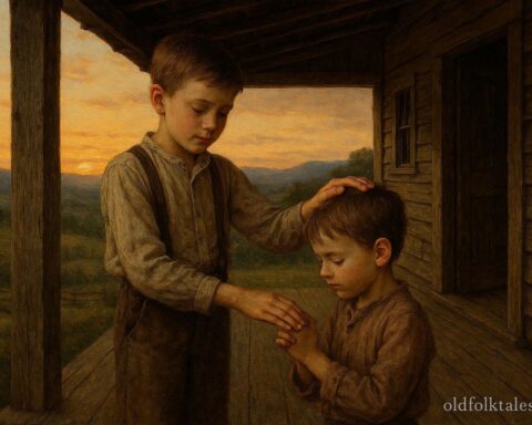 A young boy believed to be a seventh son gently prays over a child on a farmhouse porch in rural America.