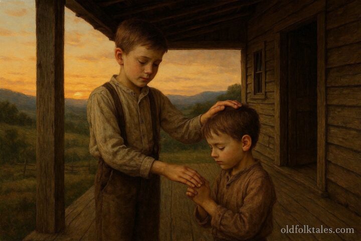 A young boy believed to be a seventh son gently prays over a child on a farmhouse porch in rural America.