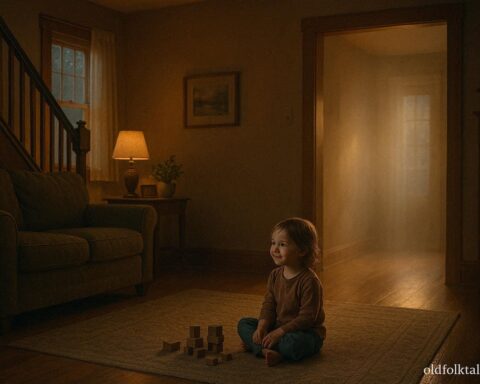 Child inside a Midwestern home quietly reacting to an unseen presence, representing a child-visible spirit legend.