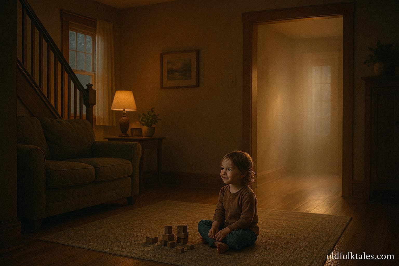 Child inside a Midwestern home quietly reacting to an unseen presence, representing a child-visible spirit legend.