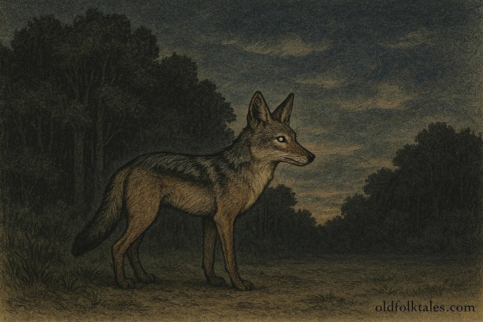 A lone jackal standing at the edge of a Southern forest at twilight.
