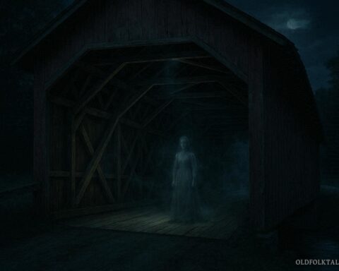 Red covered bridge at night in Vermont with faint translucent woman inside representing Emily’s Bridge legend.