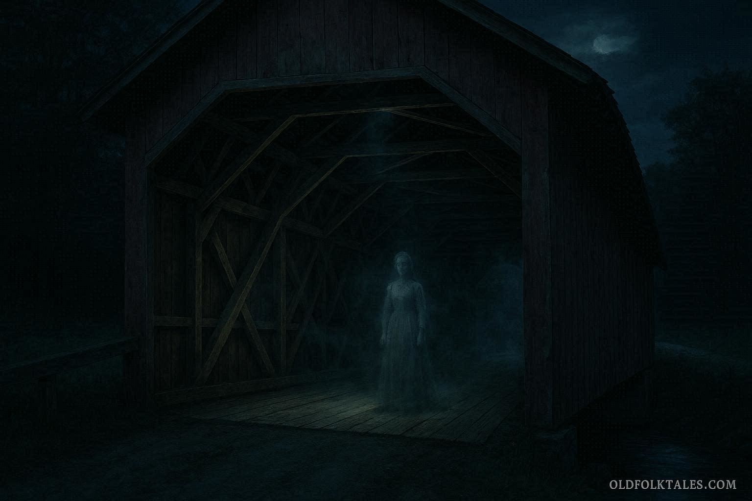 Red covered bridge at night in Vermont with faint translucent woman inside representing Emily’s Bridge legend.