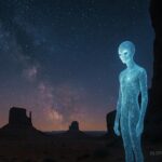 A glowing humanoid star being standing in a desert under a star filled sky.