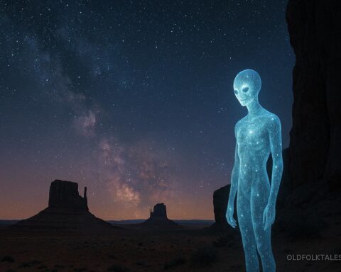 A glowing humanoid star being standing in a desert under a star filled sky.