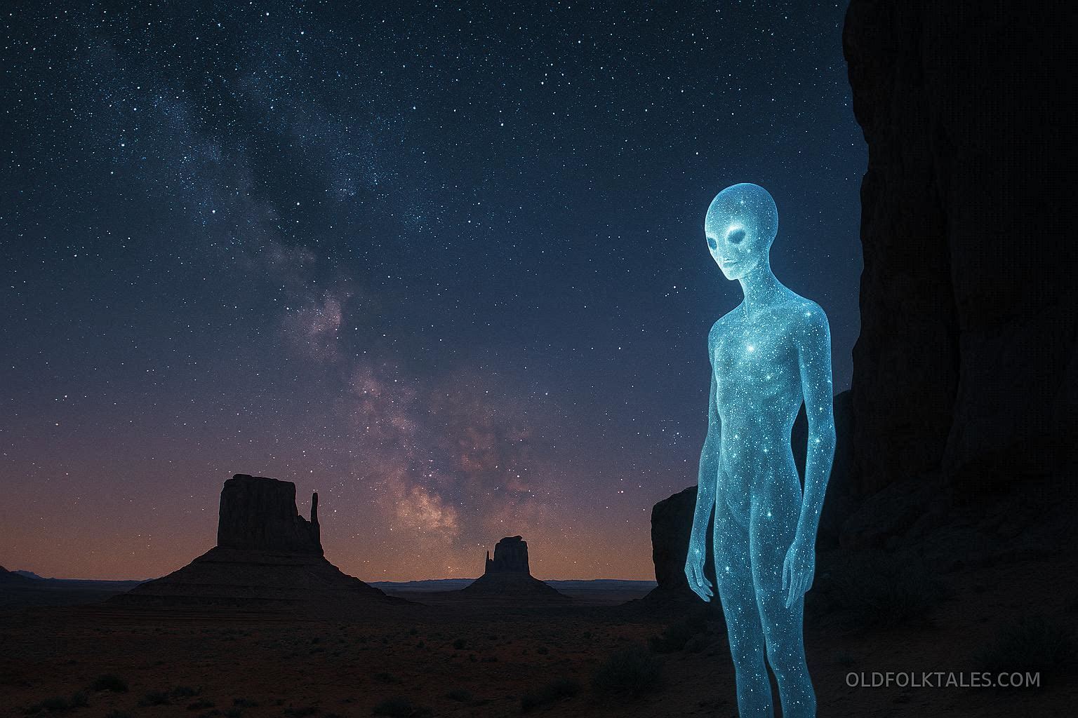 A glowing humanoid star being standing in a desert under a star filled sky.