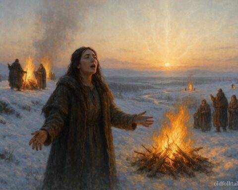 Villagers performing winter rituals at dawn to free the sun, with a young woman leading and faint spiritual energy above the horizon, illustrating a Northern Plains Indigenous seasonal sun myth