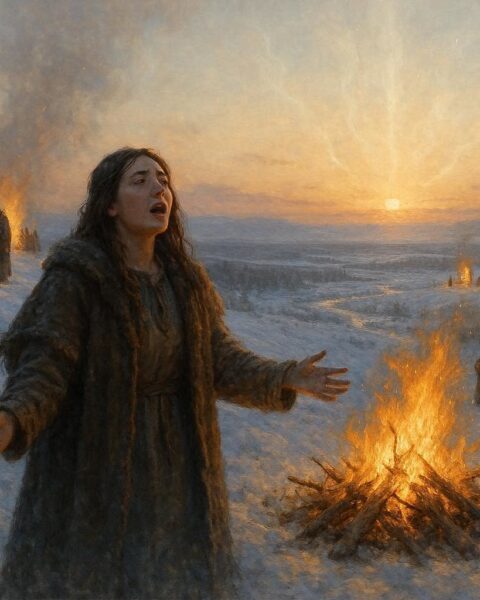 Villagers performing winter rituals at dawn to free the sun, with a young woman leading and faint spiritual energy above the horizon, illustrating a Northern Plains Indigenous seasonal sun myth