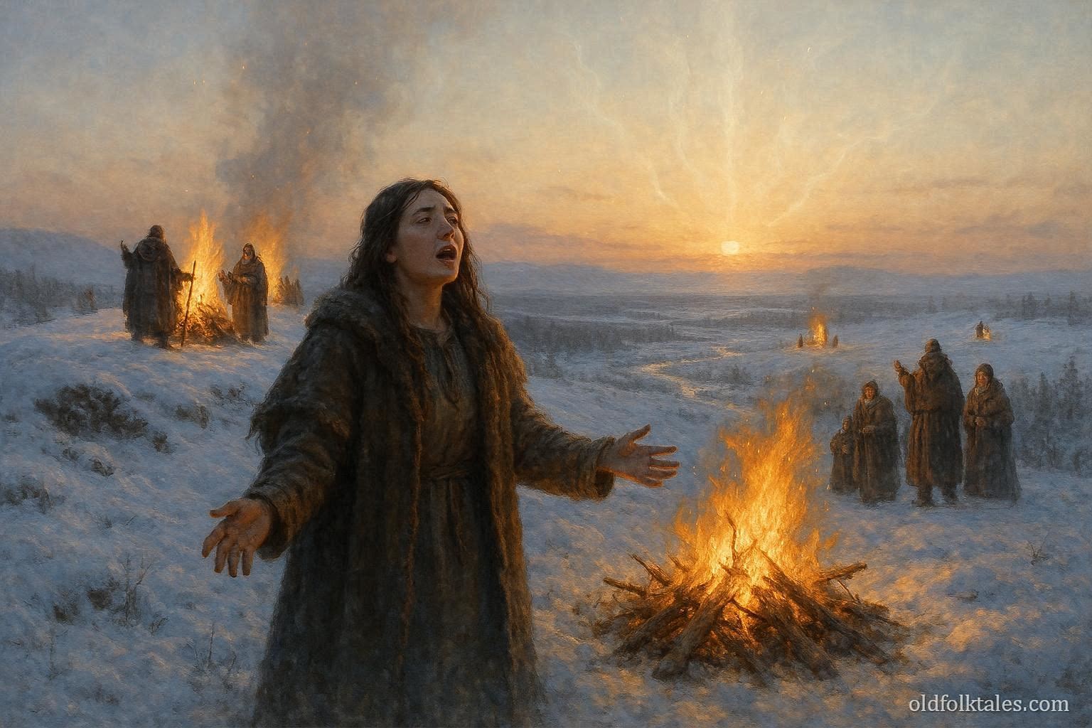 Villagers performing winter rituals at dawn to free the sun, with a young woman leading and faint spiritual energy above the horizon, illustrating a Northern Plains Indigenous seasonal sun myth