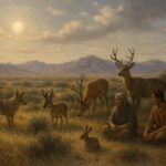 Great Basin landscape where clouds and wind soften the sun’s heat as people and animals gather, illustrating a Native American myth about tempering solar power