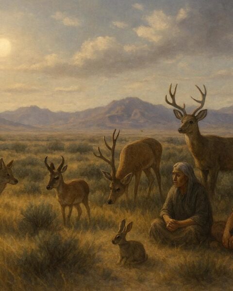 Great Basin landscape where clouds and wind soften the sun’s heat as people and animals gather, illustrating a Native American myth about tempering solar power