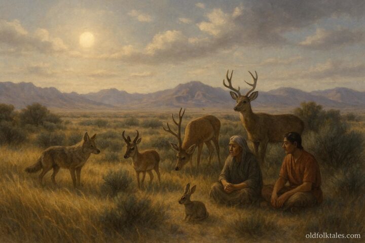 Great Basin landscape where clouds and wind soften the sun’s heat as people and animals gather, illustrating a Native American myth about tempering solar power