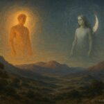 Two human figures rising into the sky as the sun and moon above a California landscape, illustrating a Native American celestial transformation myth