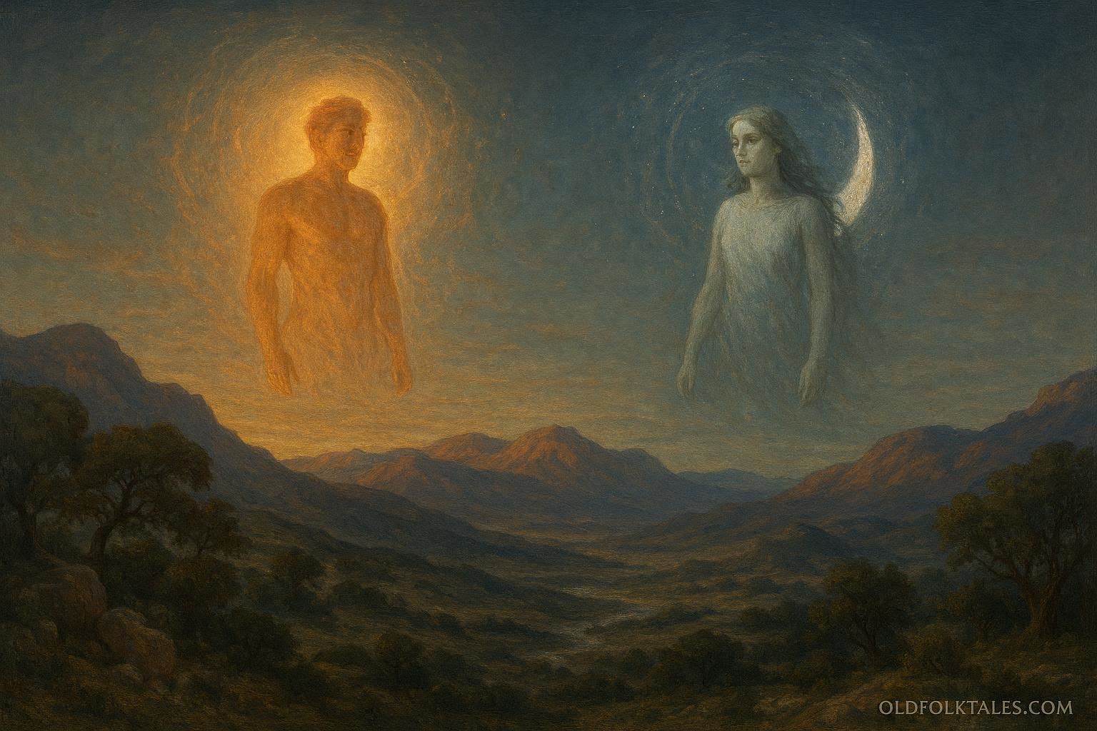 Two human figures rising into the sky as the sun and moon above a California landscape, illustrating a Native American celestial transformation myth
