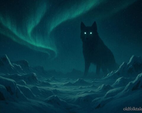 Northern Alaska tundra at night with glowing-eyed dog-like silhouette representing the Teufelhund legend.