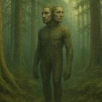 A tall forest being with two human faces standing among ancient trees.